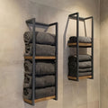 Wall Mounted Towel Rack Two Tier Stainless Steel and Wood Towel Shelf Space Saving Bathroom Storage Organizer