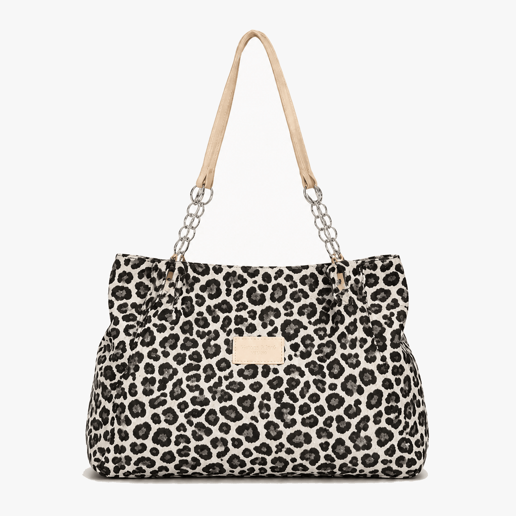 Leopard Print Woven Canvas Tote Bag with Chain Detail and Faux Leather Straps