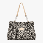 Leopard Print Woven Canvas Tote Bag with Chain Detail and Faux Leather Straps