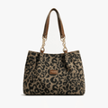 Leopard Print Woven Canvas Tote Bag with Chain Detail and Faux Leather Straps