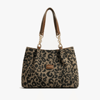 Leopard Print Woven Canvas Tote Bag with Chain Detail and Faux Leather Straps