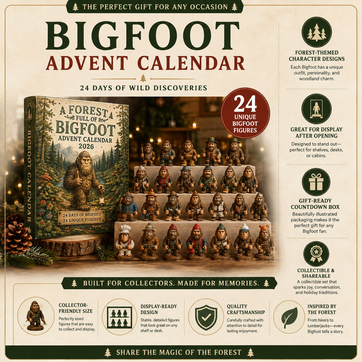Bigfoot Advent Calendar with Collectible Sasquatch Figurines for Christmas