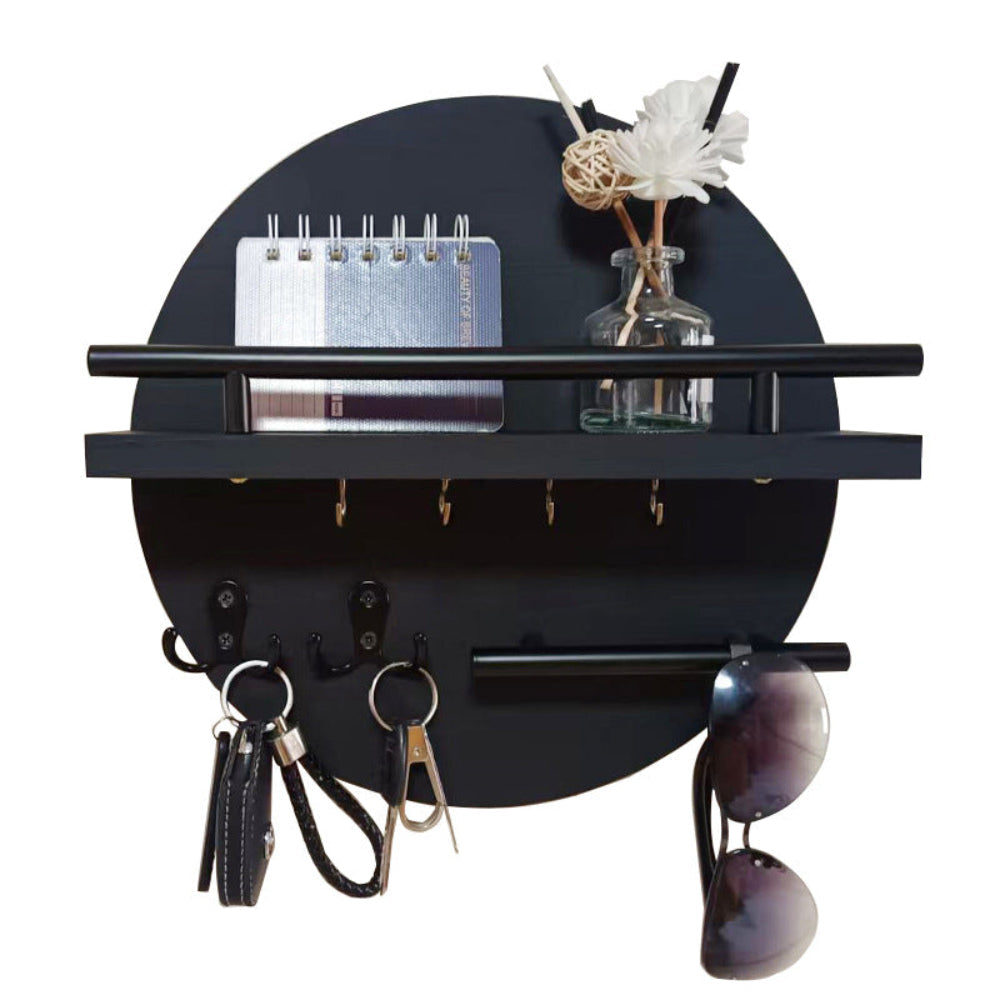 Round Wooden Key Holder for Wall with Shelf and Hooks Entryway Organizer Wall Mounted Mail and Key Rack with Metal Accents