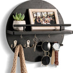 Round Wooden Key Holder for Wall with Shelf and Hooks Entryway Organizer Wall Mounted Mail and Key Rack with Metal Accents