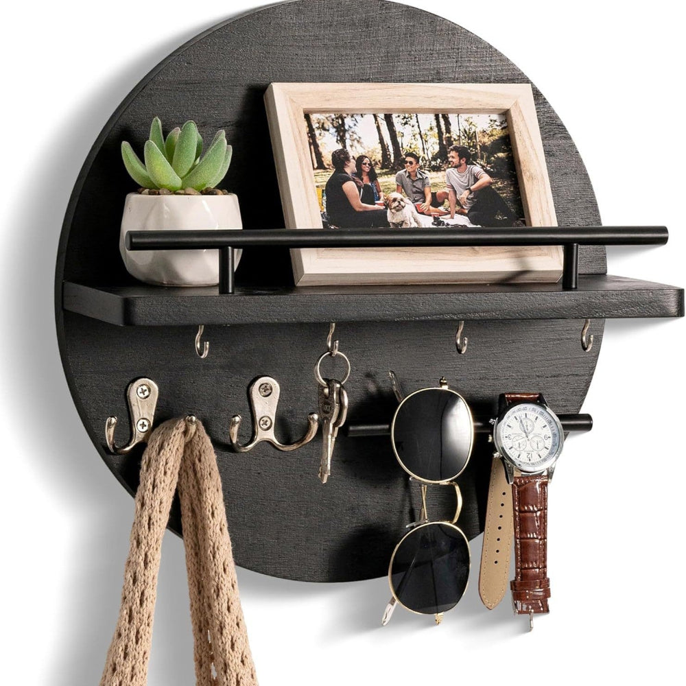 Round Wooden Key Holder for Wall with Shelf and Hooks Entryway Organizer Wall Mounted Mail and Key Rack with Metal Accents