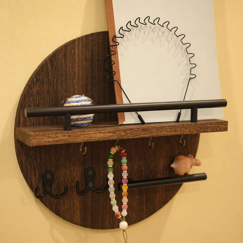Round Wooden Key Holder for Wall with Shelf and Hooks Entryway Organizer Wall Mounted Mail and Key Rack with Metal Accents