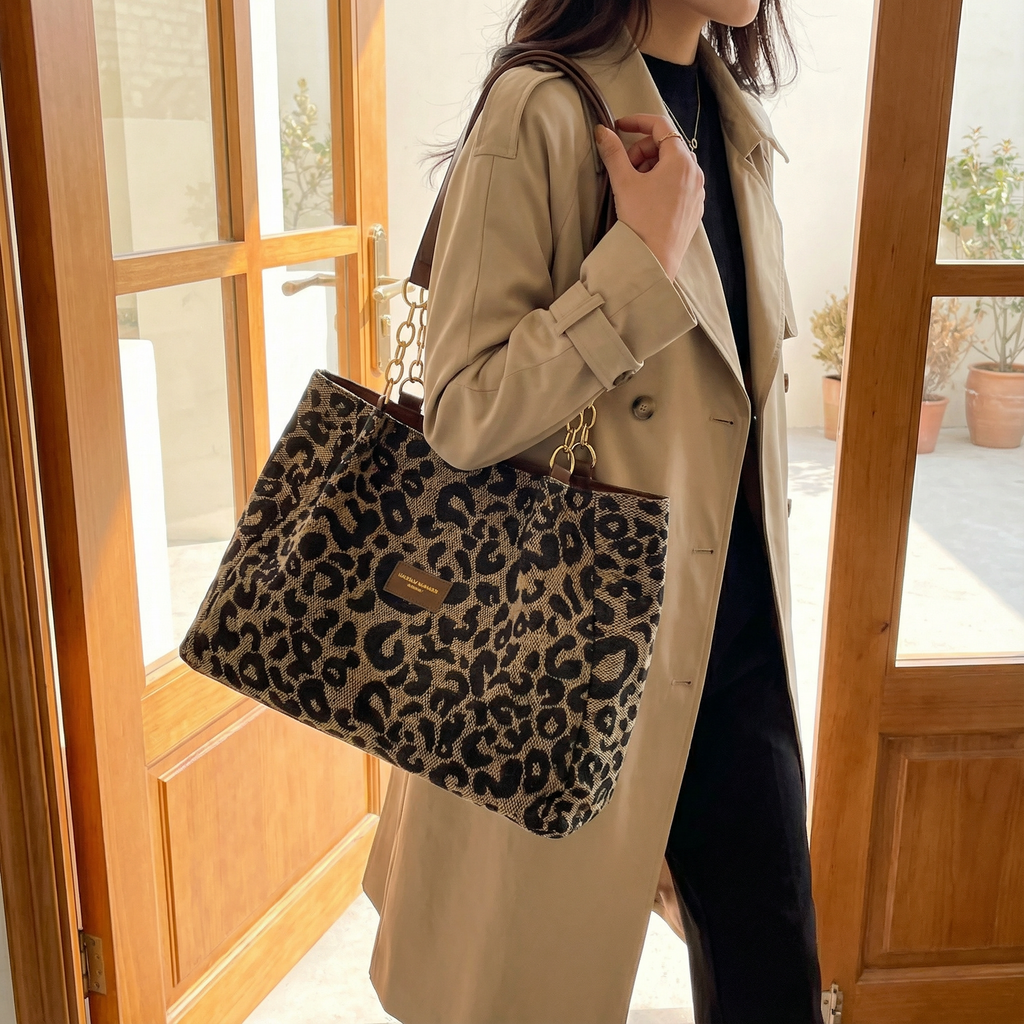 Leopard Print Woven Canvas Tote Bag with Chain Detail and Faux Leather Straps
