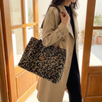 Leopard Print Woven Canvas Tote Bag with Chain Detail and Faux Leather Straps