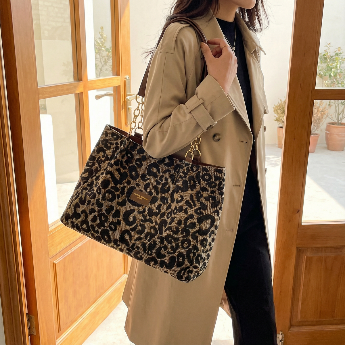 Leopard Print Woven Canvas Tote Bag with Chain Detail and Faux Leather Straps