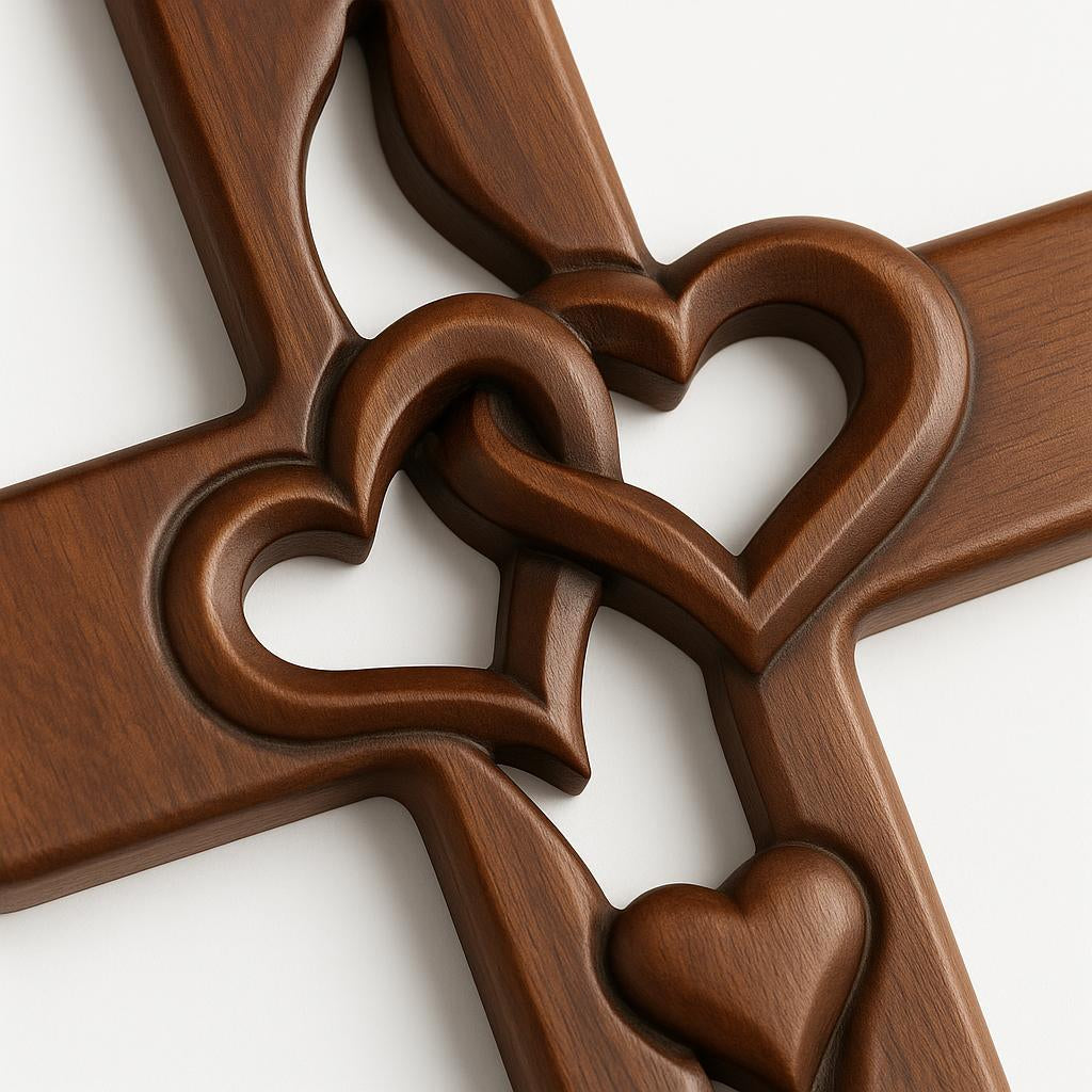 Wooden Intertwined Hearts Cross Wall Decor with Carved Detailing