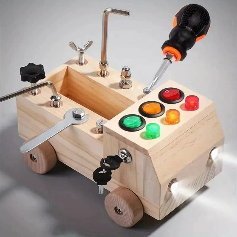 Montessori Busy Board Wooden Toy Car with Tools and LED Lights Fine Motor Skills Activity Toy for Toddlers and Kids