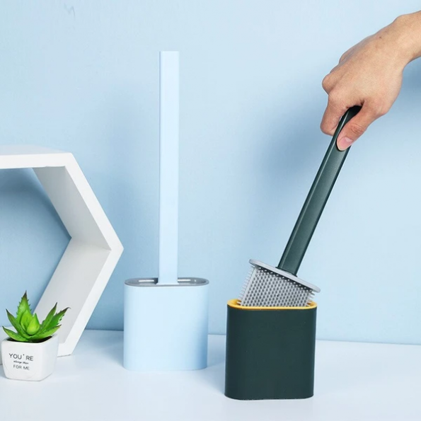 Silicone Toilet Brush with Quick Drying Holder Flexible Flat Brush Head Hygienic Bathroom Cleaning Brush Set