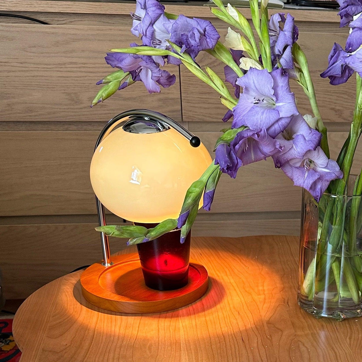 Candle Warmer Lamp with Glass Dome Shade and Wooden Tray Base