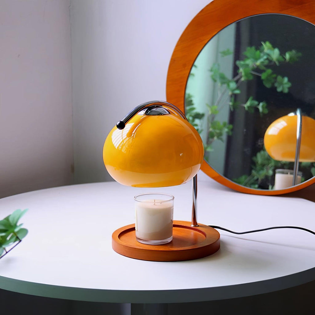 Candle Warmer Lamp with Glass Dome Shade and Wooden Tray Base
