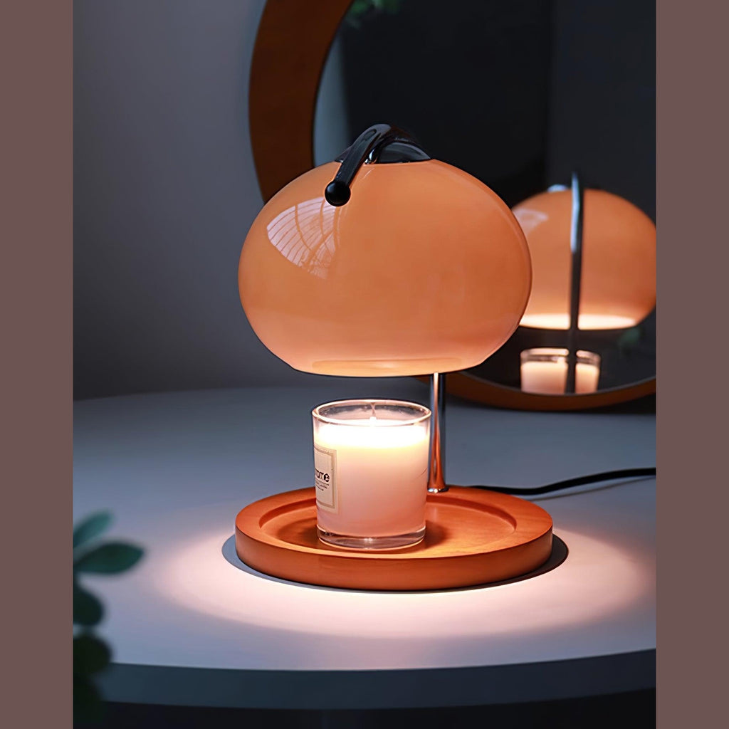 Candle Warmer Lamp with Glass Dome Shade and Wooden Tray Base
