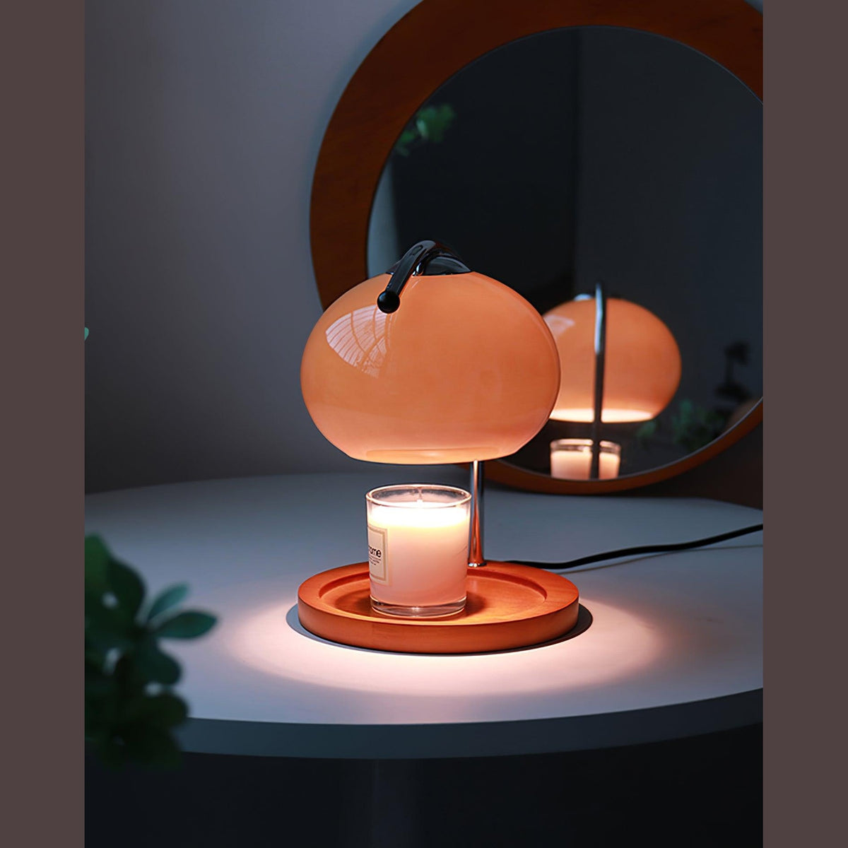 Candle Warmer Lamp with Glass Dome Shade and Wooden Tray Base