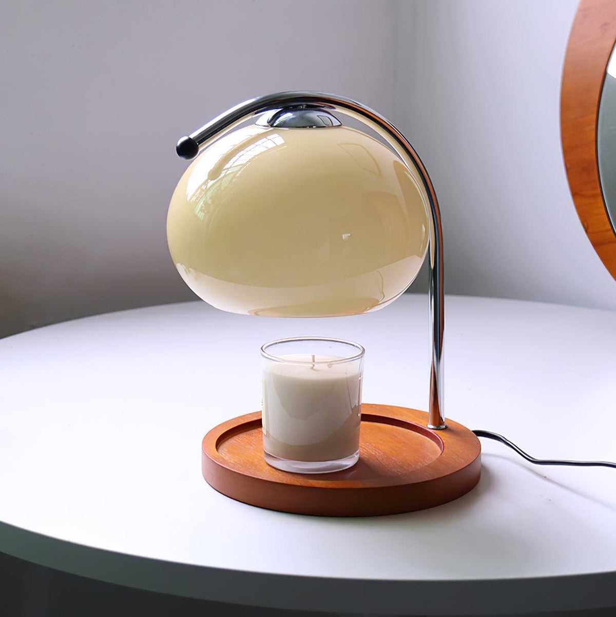 Candle Warmer Lamp with Glass Dome Shade and Wooden Tray Base