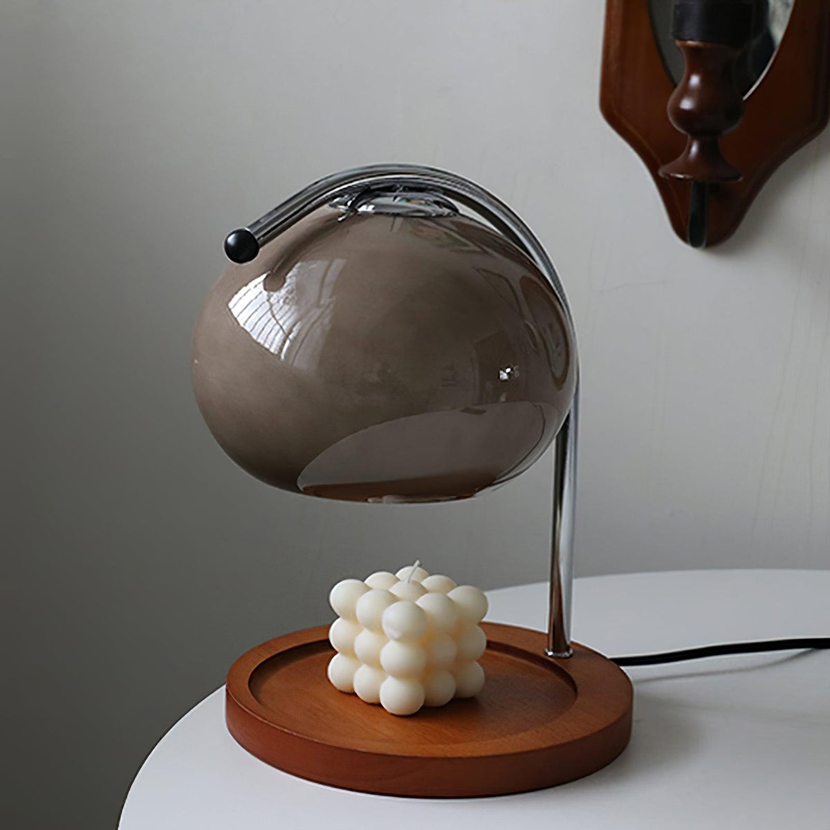 Candle Warmer Lamp with Glass Dome Shade and Wooden Tray Base