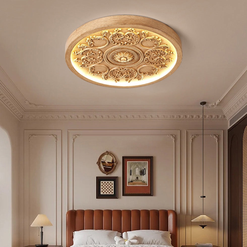Carved Floral Relief LED Flush Mount Ceiling Light with Remote Dimming