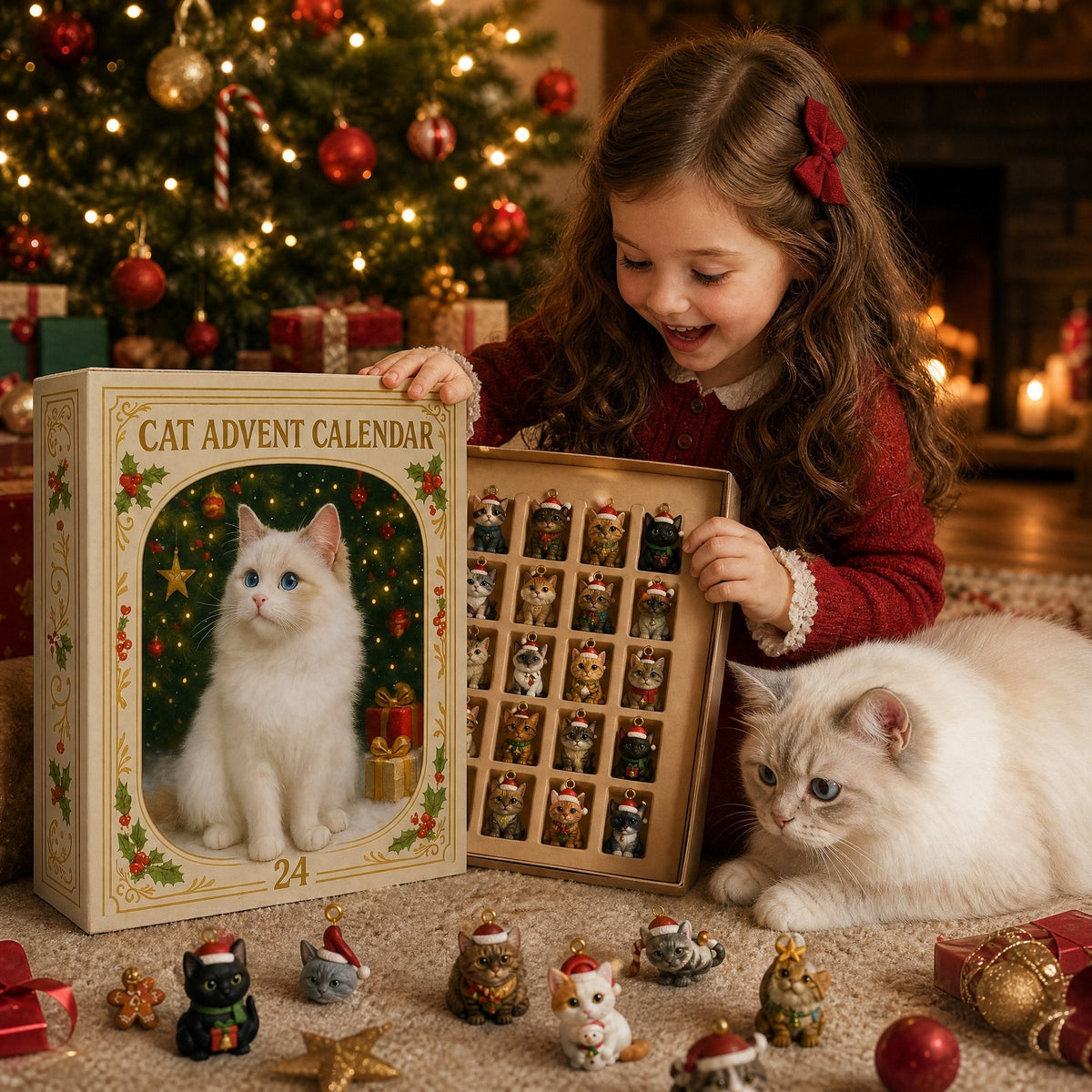 Cat Advent Calendar with Christmas Tree Charm Ornaments for Cat Lovers