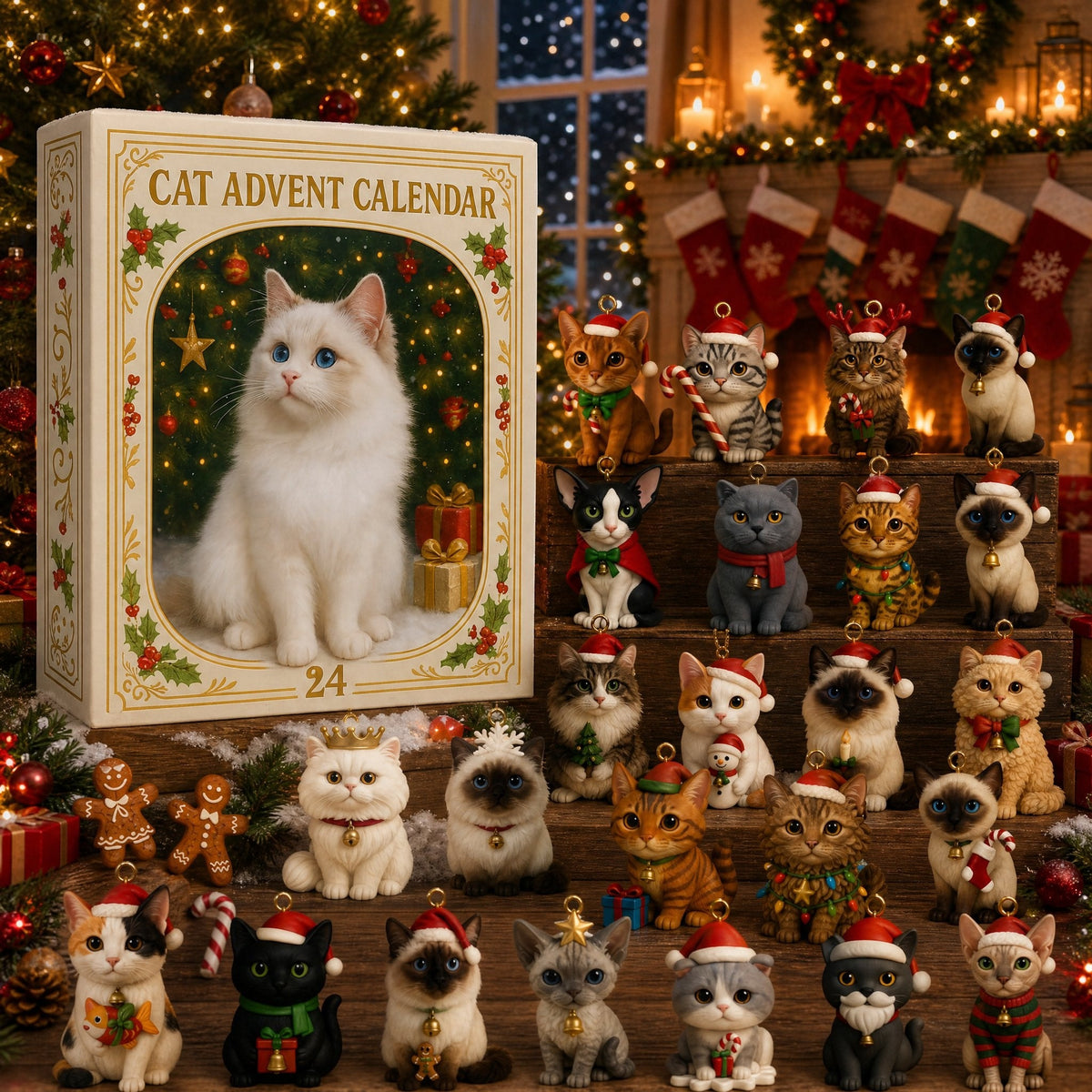 Cat Advent Calendar with Christmas Tree Charm Ornaments for Cat Lovers