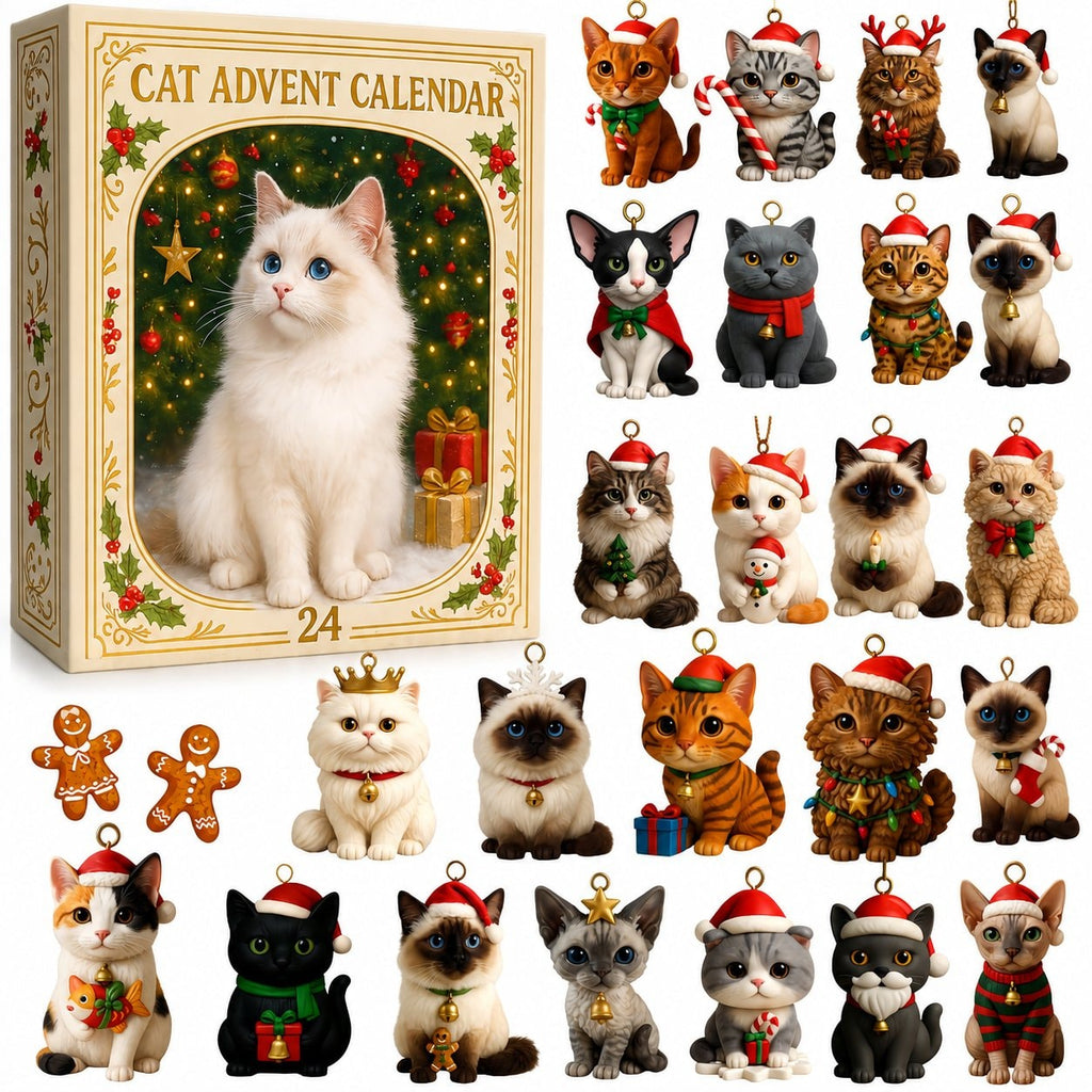 Cat Advent Calendar with Christmas Tree Charm Ornaments for Cat Lovers