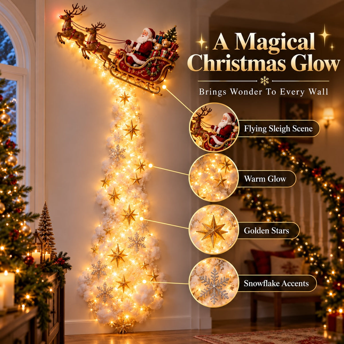Christmas Light Trail Wall Decoration with Warm LED Glow and Holiday Topper