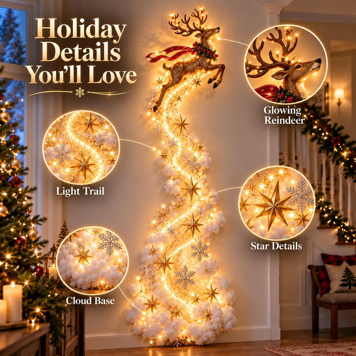 Christmas Light Trail Wall Decoration with Warm LED Glow and Holiday Topper