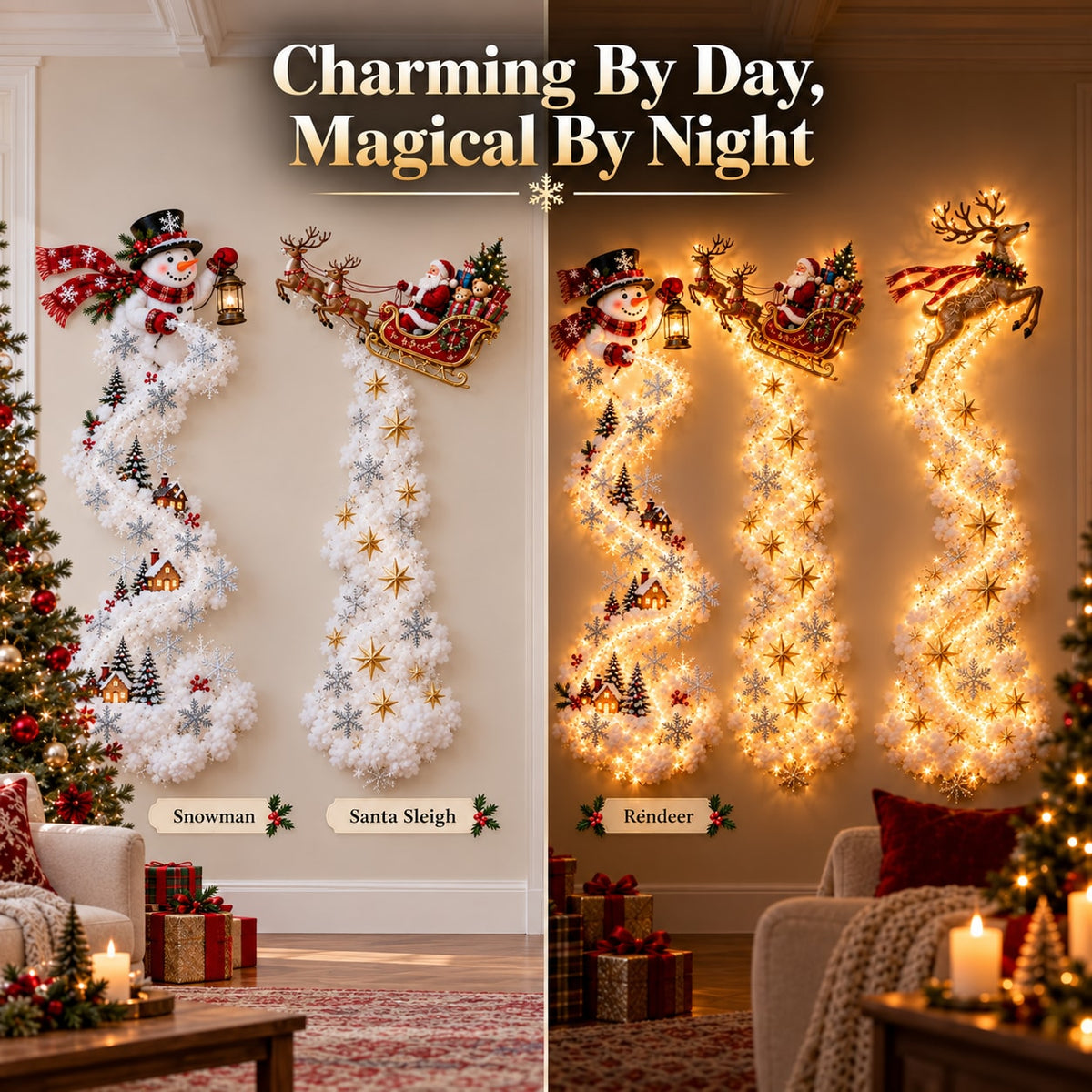 Christmas Light Trail Wall Decoration with Warm LED Glow and Holiday Topper