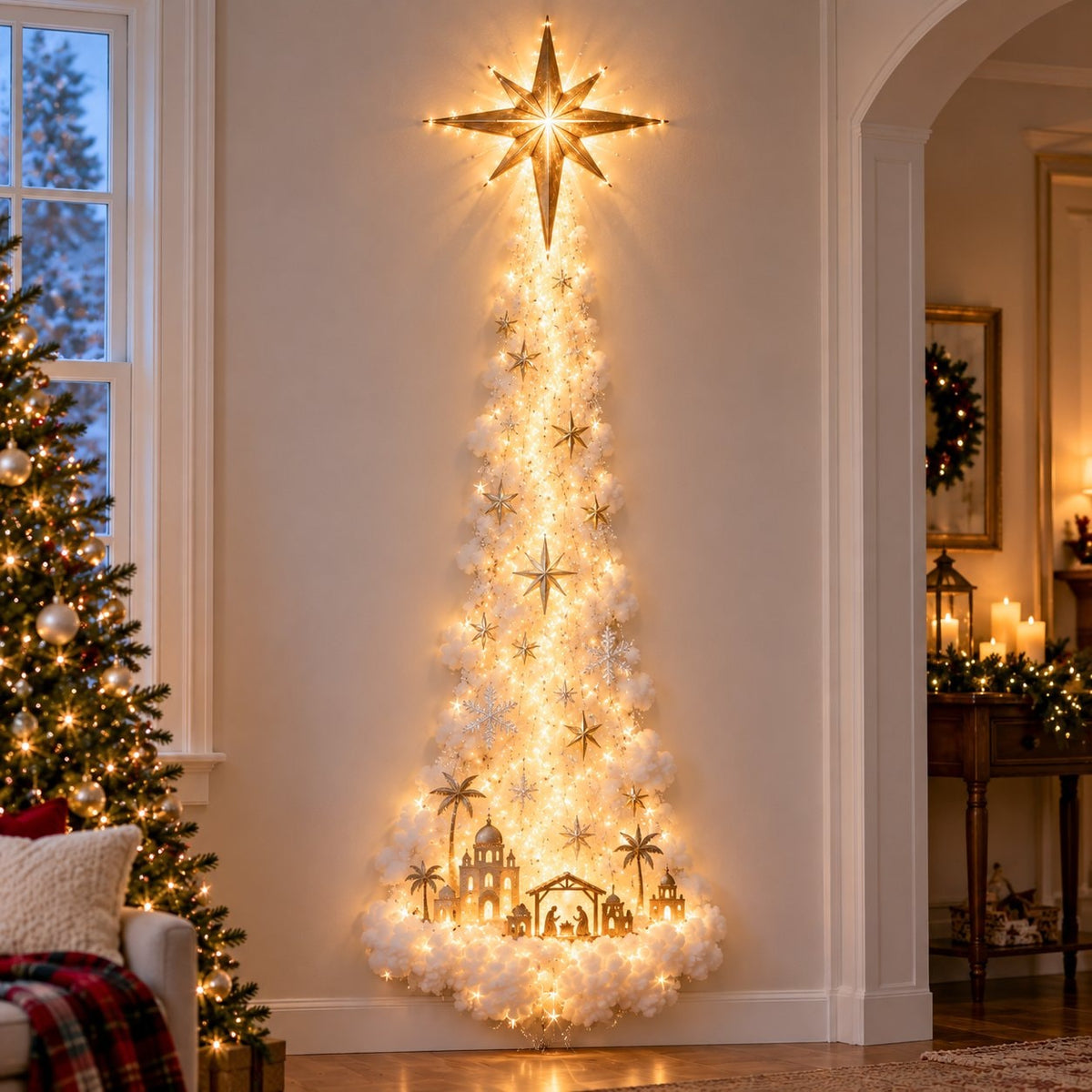 Christmas Light Trail Wall Decoration with Warm LED Glow and Holiday Topper