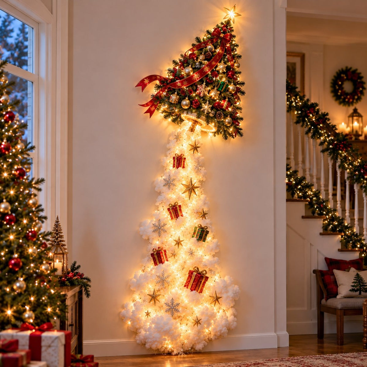 Christmas Light Trail Wall Decoration with Warm LED Glow and Holiday Topper