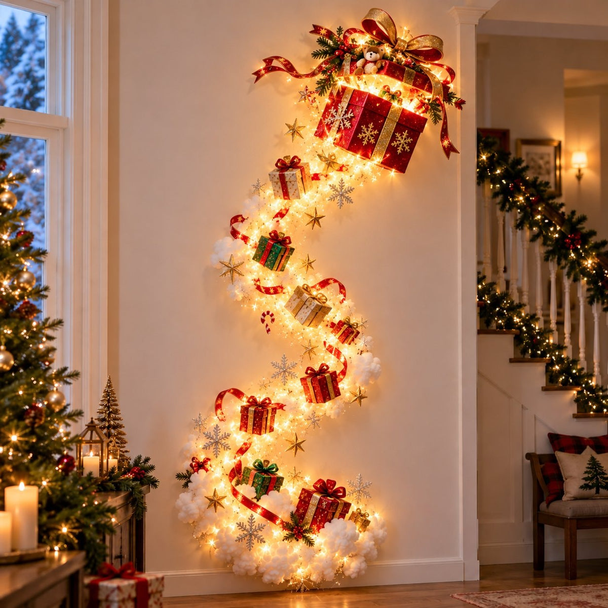 Christmas Light Trail Wall Decoration with Warm LED Glow and Holiday Topper