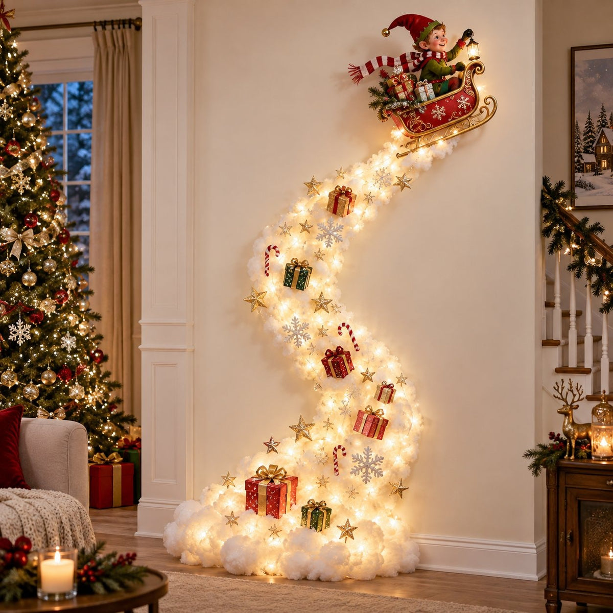 Christmas Light Trail Wall Decoration with Warm LED Glow and Holiday Topper