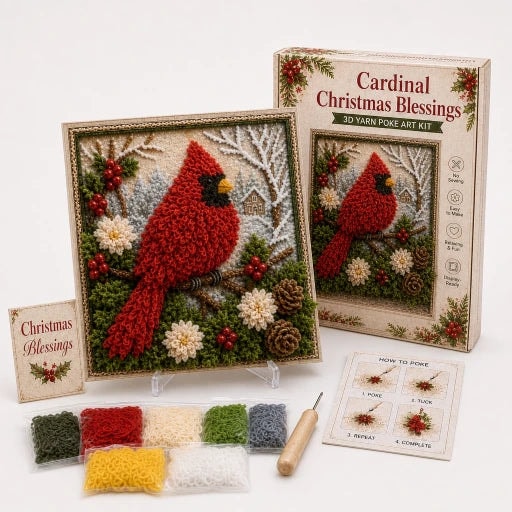 Christmas Yarn Poke Art Kit with Pre-Punched Board and Wooden Tool
