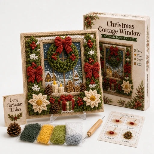 Christmas Yarn Poke Art Kit with Pre-Punched Board and Wooden Tool