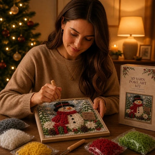 Christmas Yarn Poke Art Kit with Pre-Punched Board and Wooden Tool