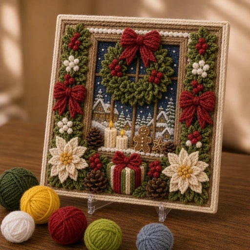 Christmas Yarn Poke Art Kit with Pre-Punched Board and Wooden Tool