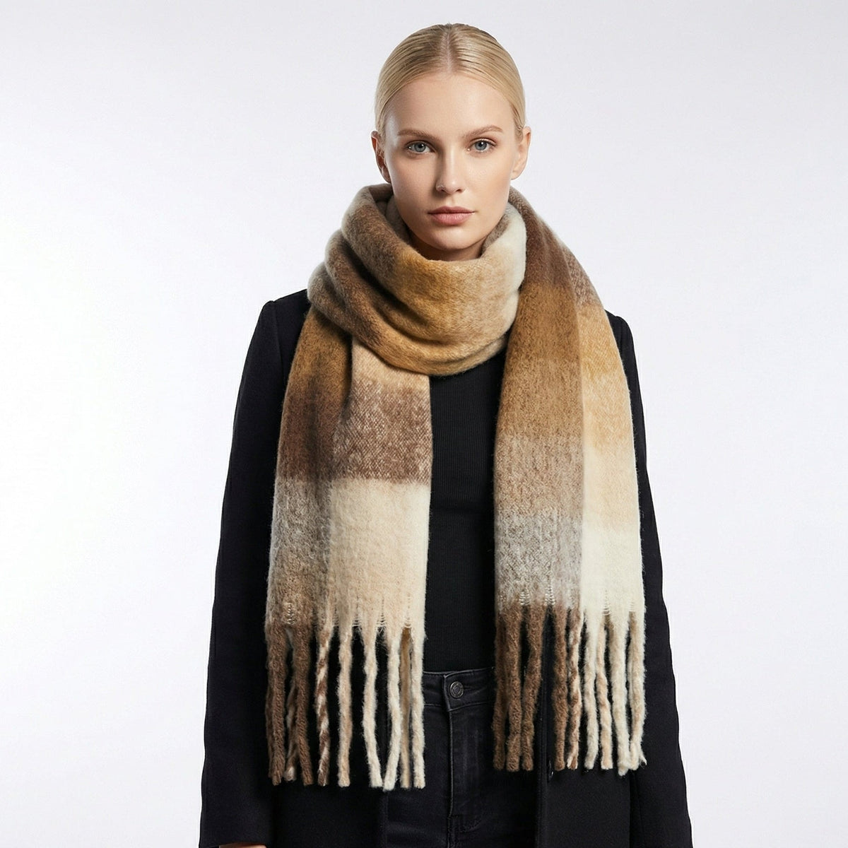Chunky Oversized Plaid Winter Scarf with Tassel Fringe for Women