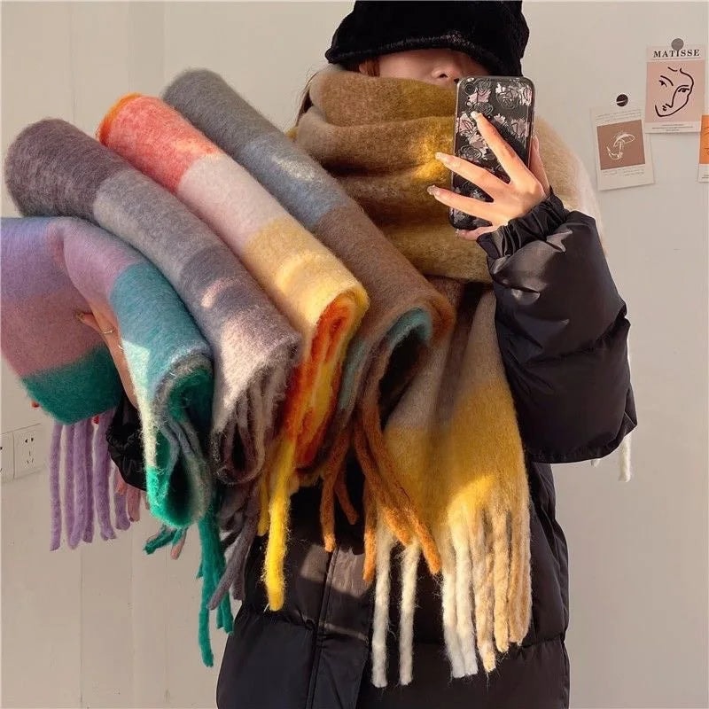 Chunky Oversized Plaid Winter Scarf with Tassel Fringe for Women