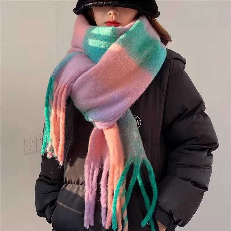 Chunky Oversized Plaid Winter Scarf with Tassel Fringe for Women