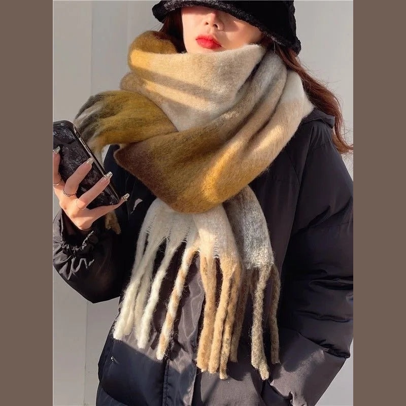 Chunky Oversized Plaid Winter Scarf with Tassel Fringe for Women