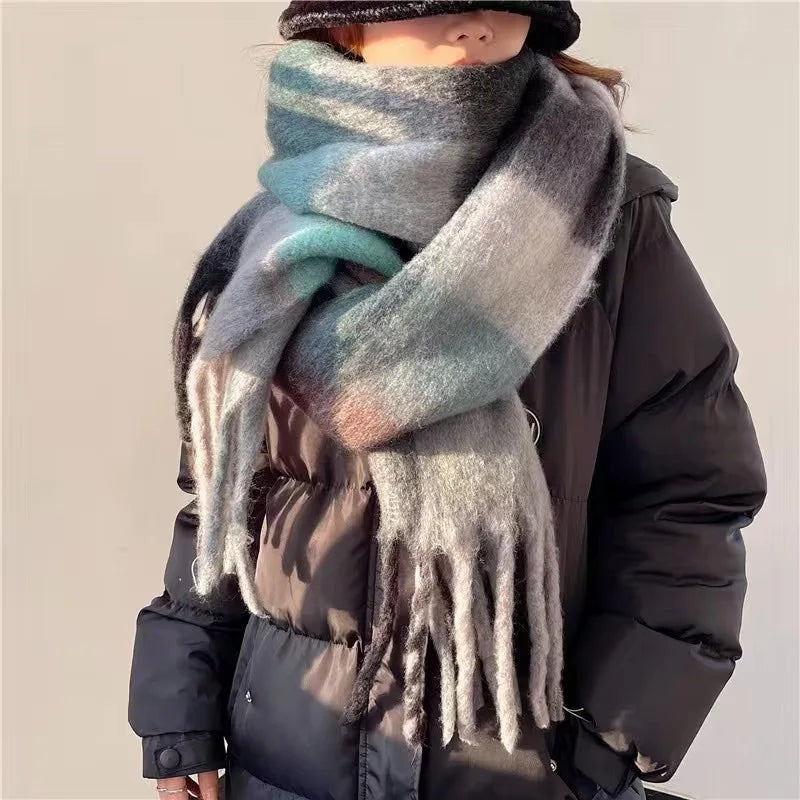 Chunky Oversized Plaid Winter Scarf with Tassel Fringe for Women