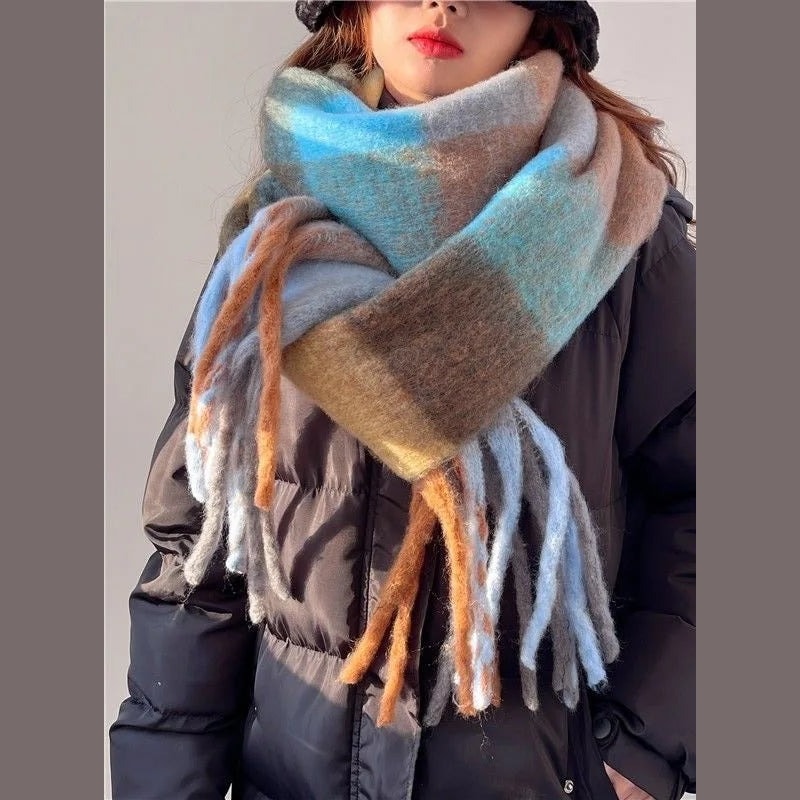 Chunky Oversized Plaid Winter Scarf with Tassel Fringe for Women