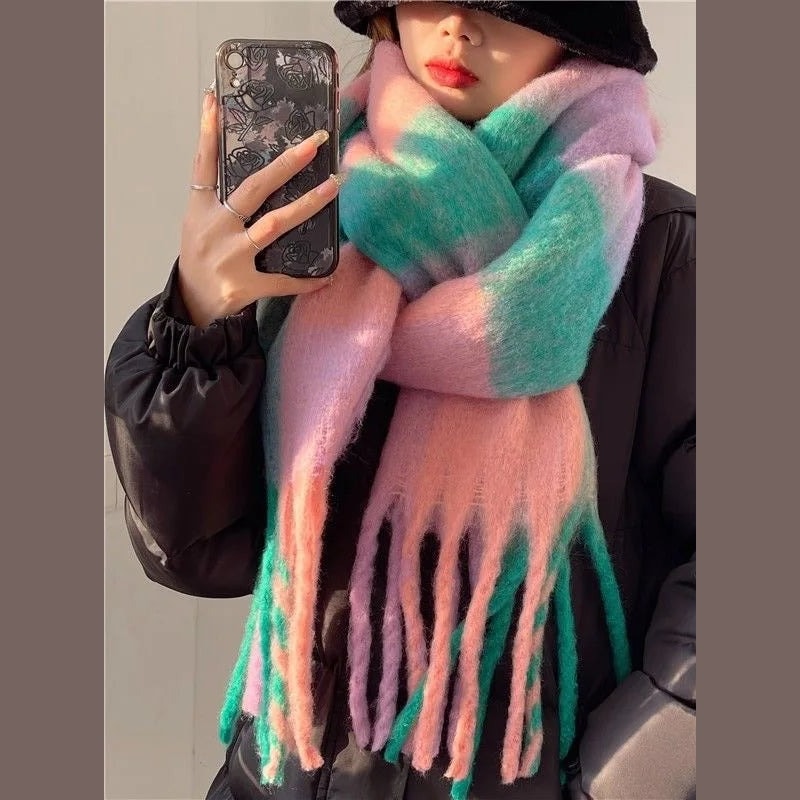 Chunky Oversized Plaid Winter Scarf with Tassel Fringe for Women
