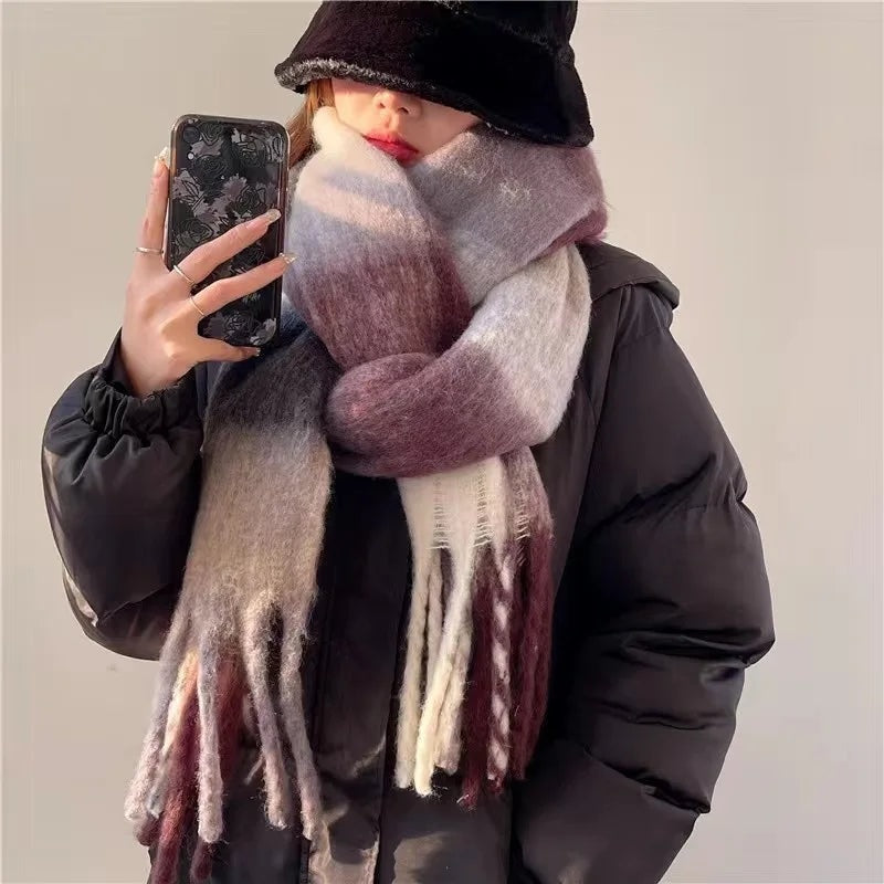 Chunky Oversized Plaid Winter Scarf with Tassel Fringe for Women