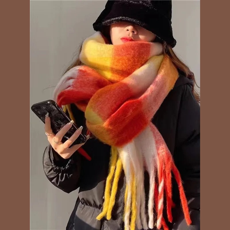 Chunky Oversized Plaid Winter Scarf with Tassel Fringe for Women