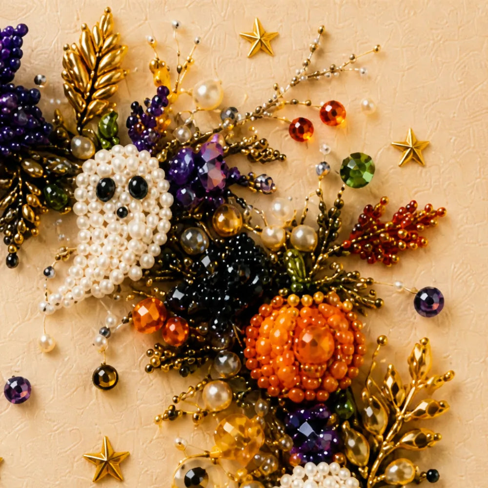 Halloween Pearl Bead Art Craft Kit with Pre-Printed Canvas for Wall Decor