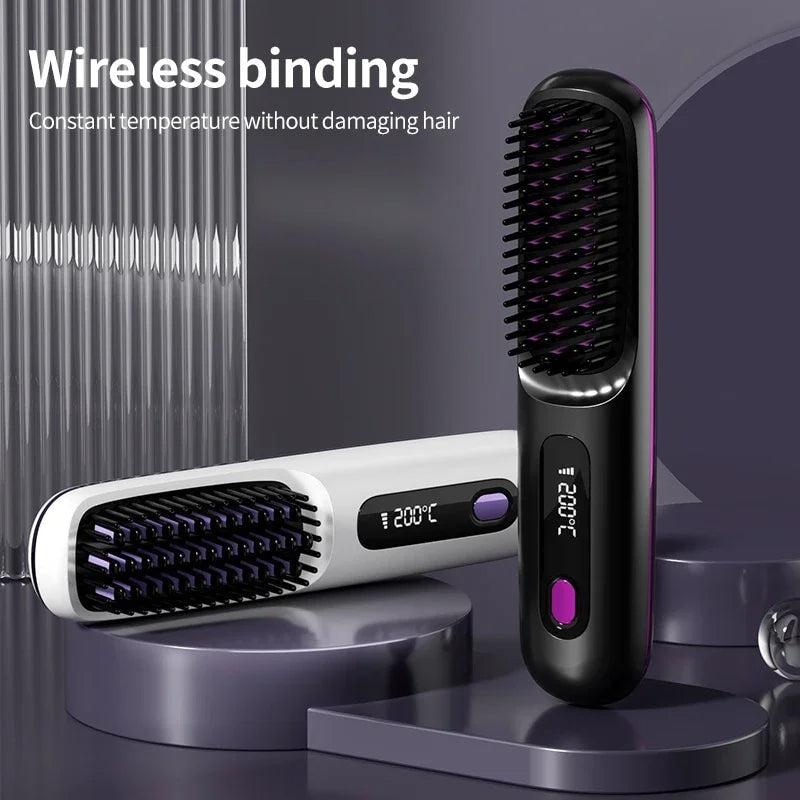 Cordless Hair Straightener Brush with Ceramic Heating and LCD Display