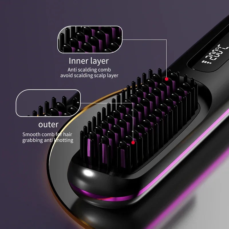 Cordless Hair Straightener Brush with Ceramic Heating and LCD Display