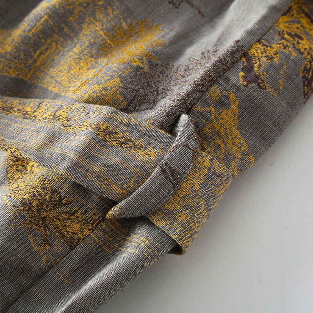 Cotton Jacquard Kimono Bathrobe with Tie Belt and Retro Pattern